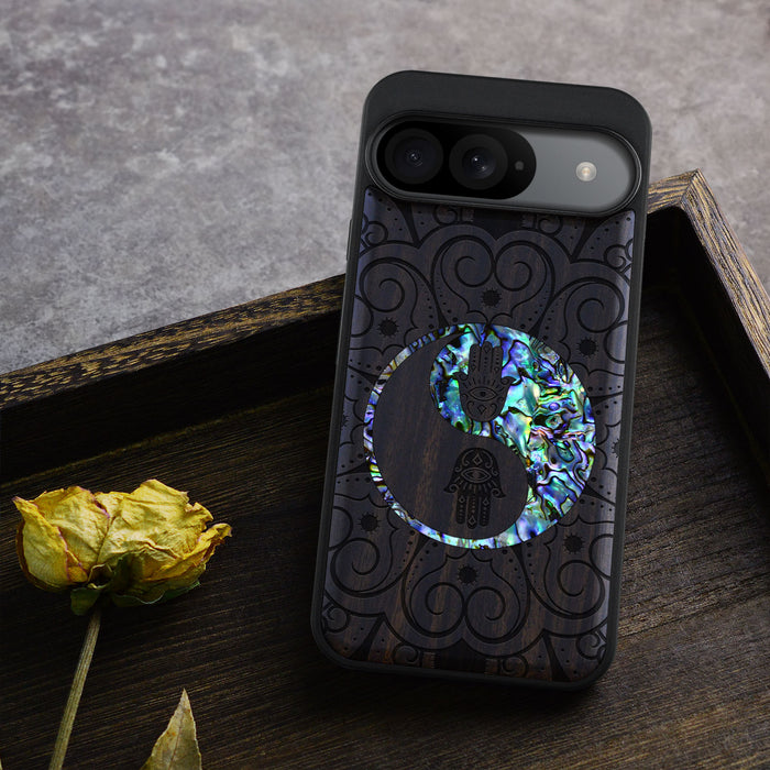 Tranquil Harmony Mandala, Hand-Inlaid Wood & Mother of Pearl Case - Artisanal Cover for Google Pixel