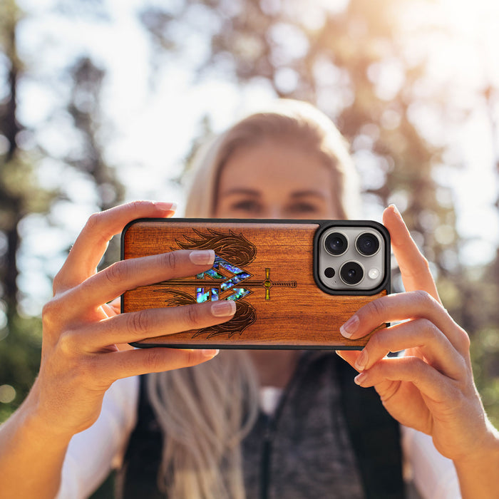 Wings of Valor Essence, Hand-Inlaid Wood & Mother of Pearl Case - Artisanal Cover for Apple iPhone