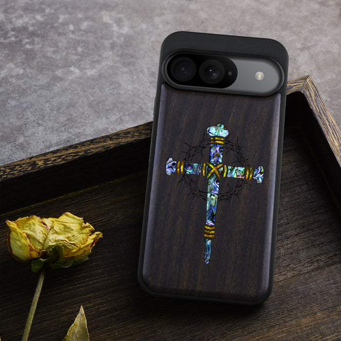 Crucifix Nails, Hand-Inlaid Wood & Mother of Pearl Case - Artisanal Cover for Google Pixel