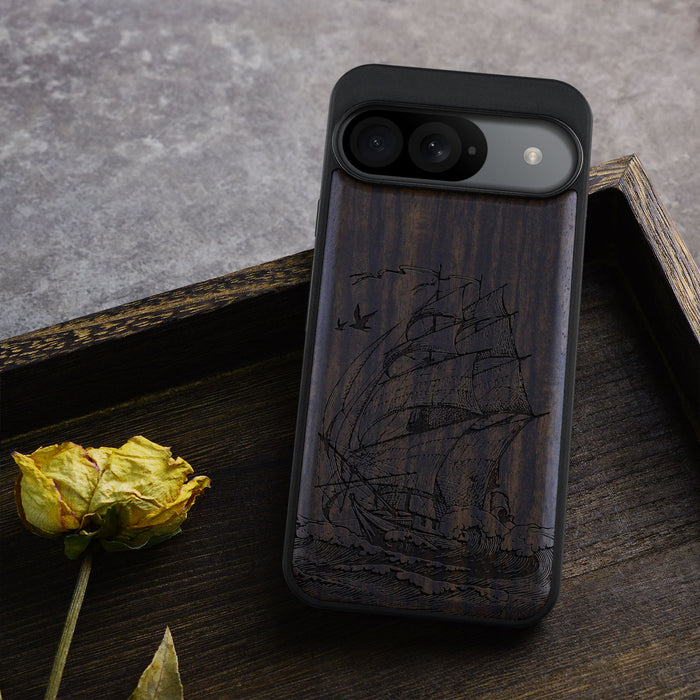 A Sailing Yacht on the Sea Waves, Classic Engraved Wood & TPU Case - Artisanal Cover for Google Pixel