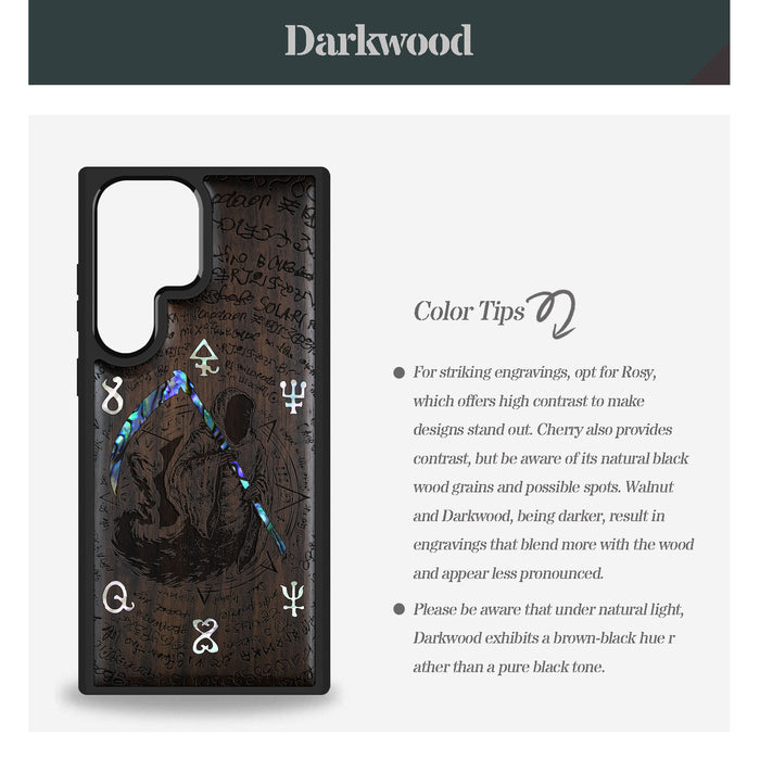 The Reaper's Scythe", Hand-Inlaid Wood & Mother of Pearl Case - Artisanal Cover for Samsung Galaxy