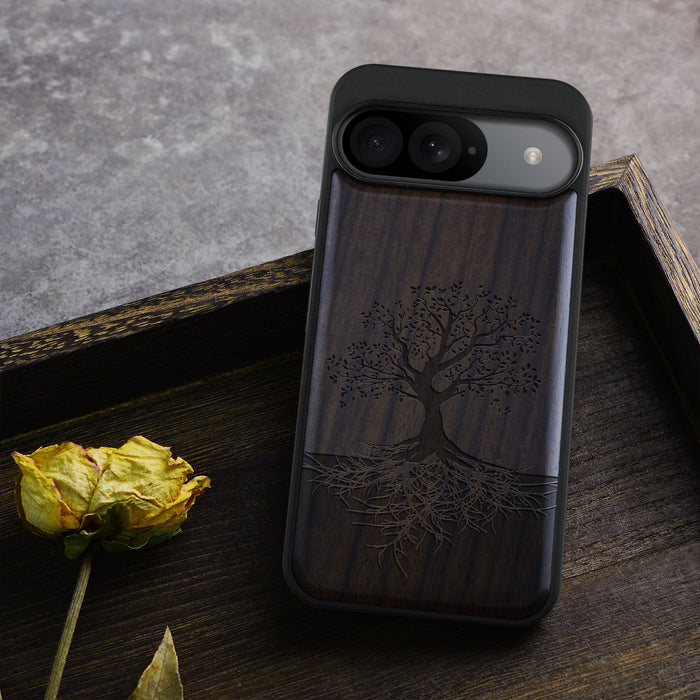 The Yin Yang Tree, Classic Engraved Wood & TPU Case - Artisanal Cover for Google Pixel