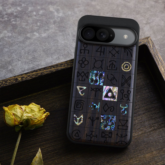 Mystical Runes, Hand-Inlaid Wood & Mother of Pearl Case - Artisanal Cover for Google Pixel