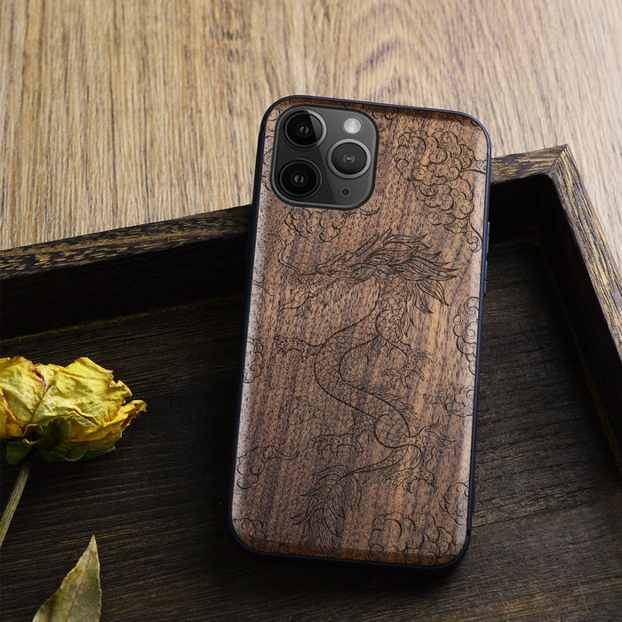 The Dragon's Ascent, Classic Engraved Wood & TPU Case - Artisanal Cover for Apple iPhone