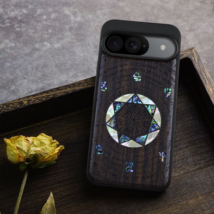 The Sacred Seals, Hand-Inlaid Wood & Mother of Pearl Case - Artisanal Cover for Google Pixel