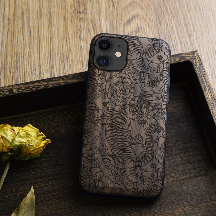 A Tiger Amidst Flowers and Vines, Classic Engraved Wood & TPU Case - Artisanal Cover for Apple iPhone