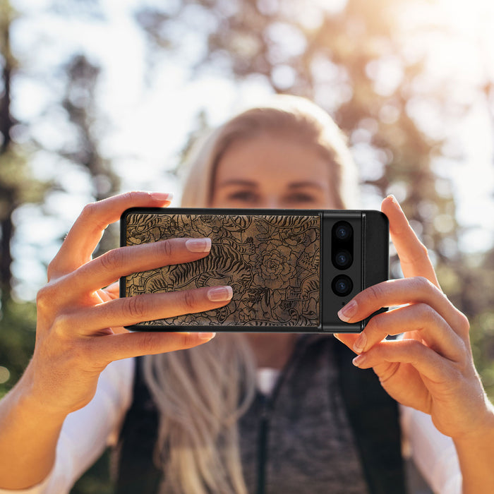 A Tiger Amidst Flowers and Vines, Classic Engraved Wood & TPU Case - Artisanal Cover for Google Pixel