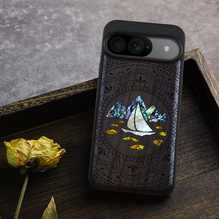 Oceanic Mandala Calm, Hand-Inlaid Wood & Mother of Pearl Case - Artisanal Cover for Google Pixel