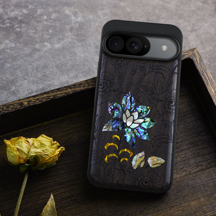 A Seamless Pattern of Flowers and Leaves, Hand-Inlaid Wood & Mother of Pearl Case - Artisanal Cover for Google Pixel