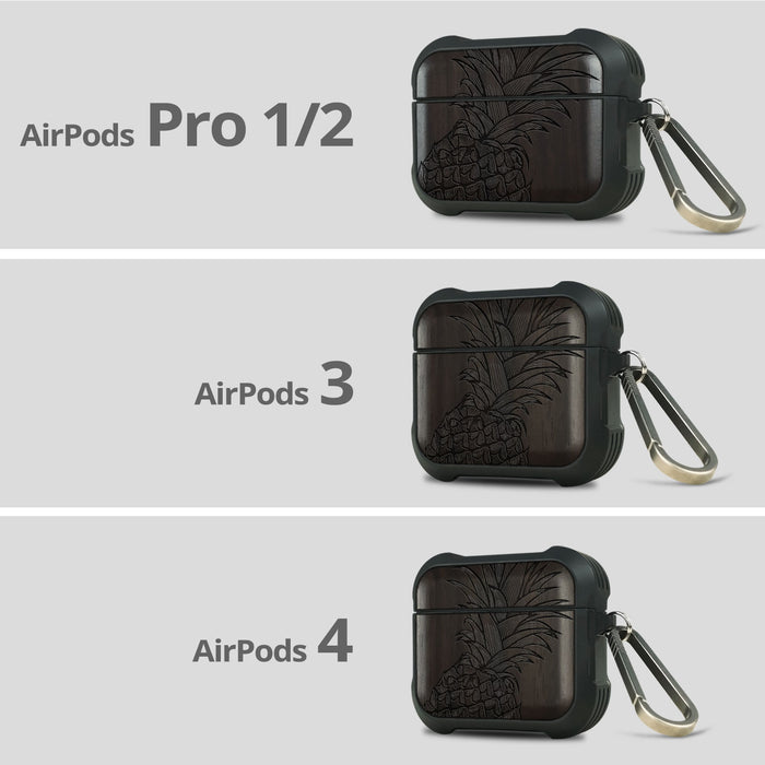 The Pineapple Fruit Design - Wood Artisan Engraved & Shell Hand-Inlaid Cover - Artisanal Case for Apple AirPods (Titanium Quick Released Clasp)