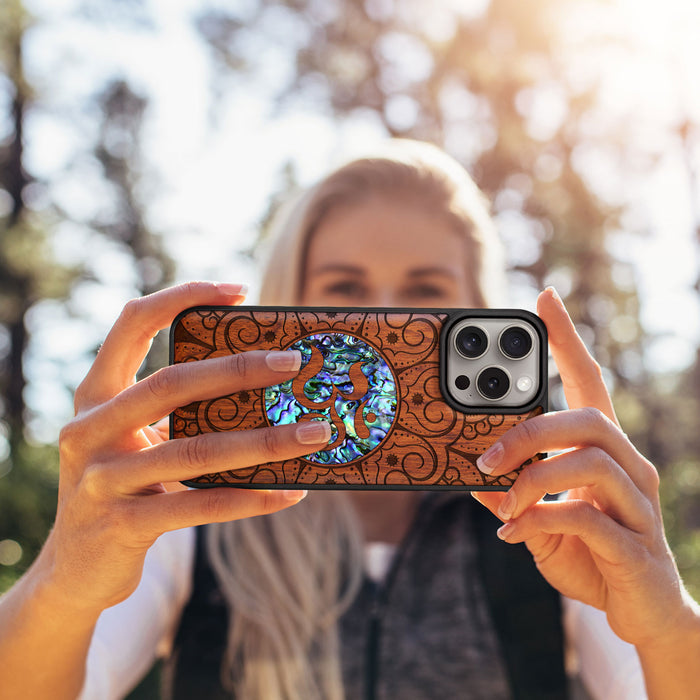 Eternal Om Mandala, Hand-Inlaid Wood & Mother of Pearl Case - Artisanal Cover for Apple iPhone