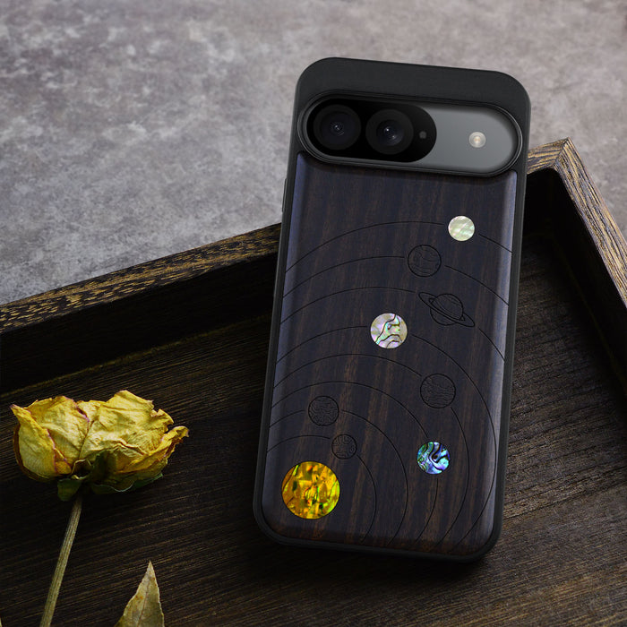 A Minimalist Line Work of Nine Planets, Hand-Inlaid Wood & Mother of Pearl Case - Artisanal Cover for Google Pixel