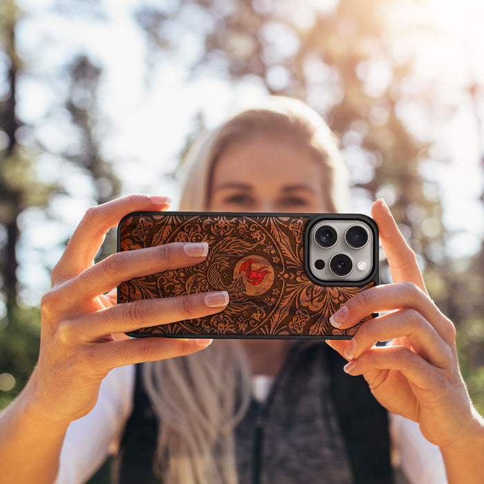 Phoenix in Symmetry, Hand-Inlaid Wood & Mother of Pearl Case - Artisanal Cover for Apple iPhone