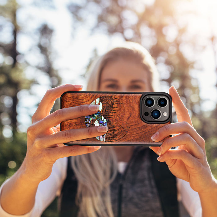 The Lake and Mountain Landscape, Hand-Inlaid Wood & Mother of Pearl Case - Artisanal Cover for Apple iPhone