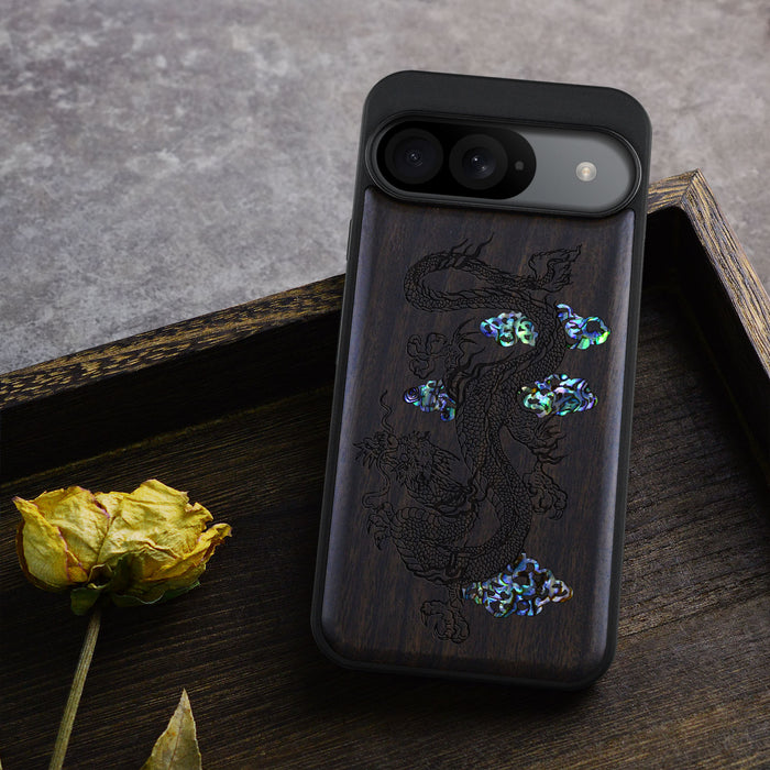 Majestic Chinese Dragon, Hand-Inlaid Wood & Mother of Pearl Case - Artisanal Cover for Google Pixel