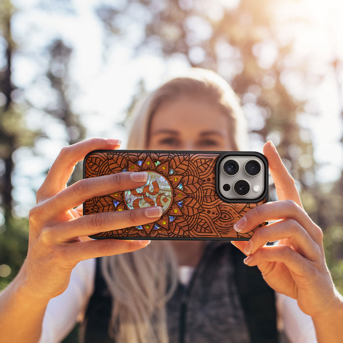 Harmony's Whisper Mandala, Hand-Inlaid Wood & Mother of Pearl Case - Artisanal Cover for Apple iPhone