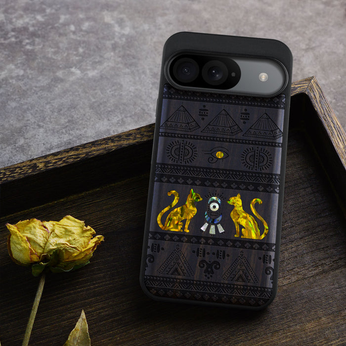 The Symbols of Egypt, Hand-Inlaid Wood & Mother of Pearl Case - Artisanal Cover for Google Pixel