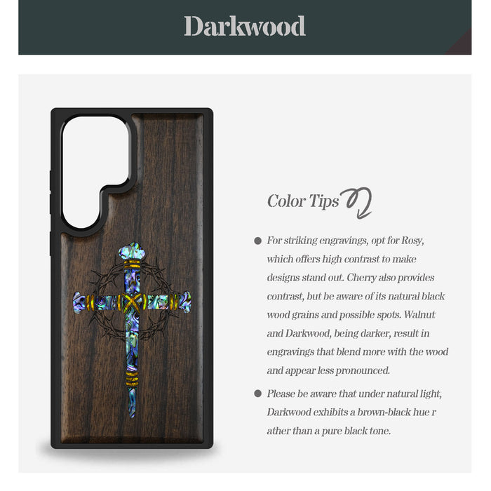Crucifix Nails, Hand-Inlaid Wood & Mother of Pearl Case - Artisanal Cover for Samsung Galaxy