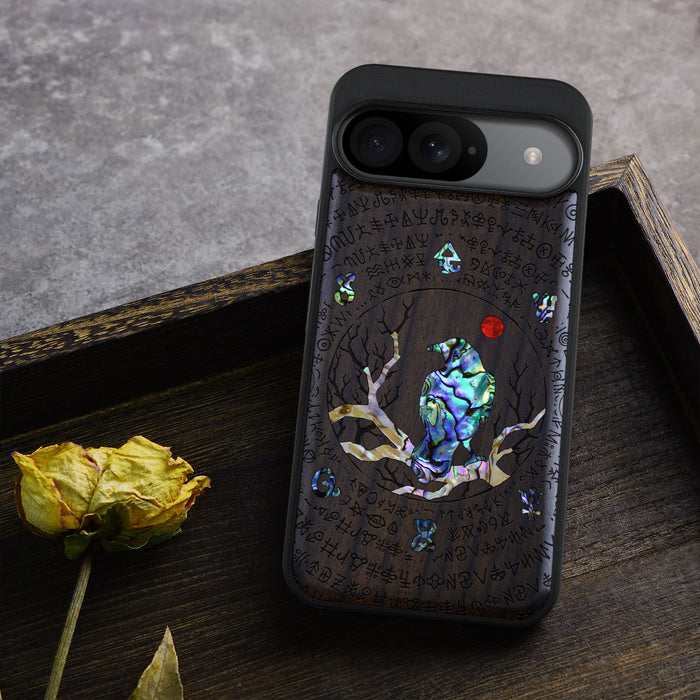 Raven's Arcanum, Hand-Inlaid Wood & Mother of Pearl Case - Artisanal Cover for Google Pixel