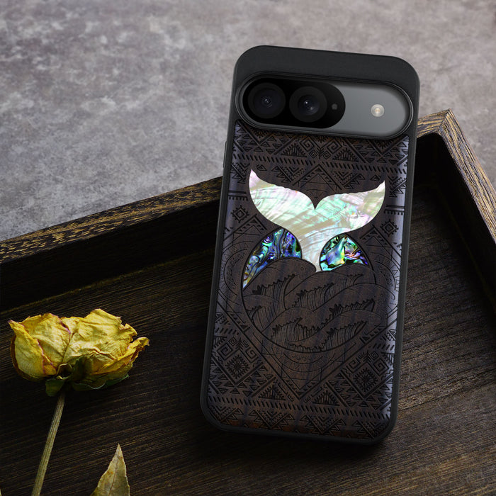 The Whale's Song Amidst Aztec Waves, Hand-Inlaid Wood & Mother of Pearl Case - Artisanal Cover for Google Pixel