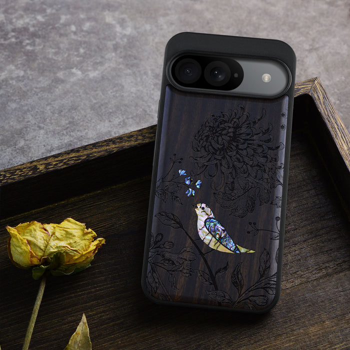 The Chrysanthemum and the Songbird, Hand-Inlaid Wood & Mother of Pearl Case - Artisanal Cover for Google Pixel