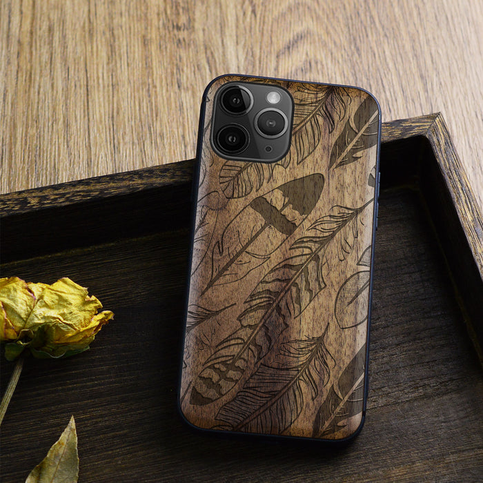 The Feathered Array, Classic Engraved Wood & TPU Case - Artisanal Cover for Apple iPhone