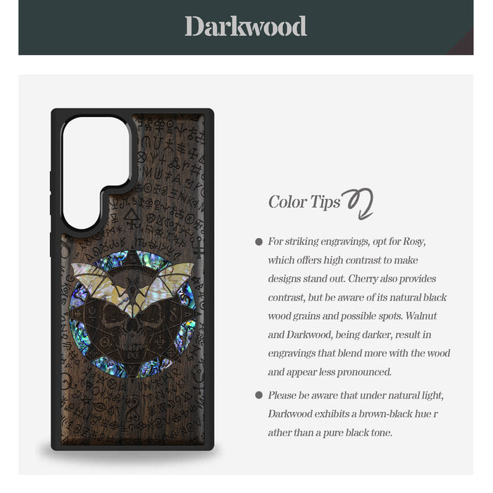 Bat and Skull within the Octagonal Star, Hand-Inlaid Wood & Mother of Pearl Case - Artisanal Cover for Samsung Galaxy
