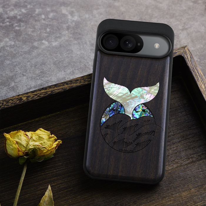 The Whale's Tail, Hand-Inlaid Wood & Mother of Pearl Case - Artisanal Cover for Google Pixel