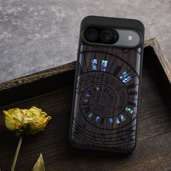 A Spiral Symphony, Hand-Inlaid Wood & Mother of Pearl Case - Artisanal Cover for Google Pixel