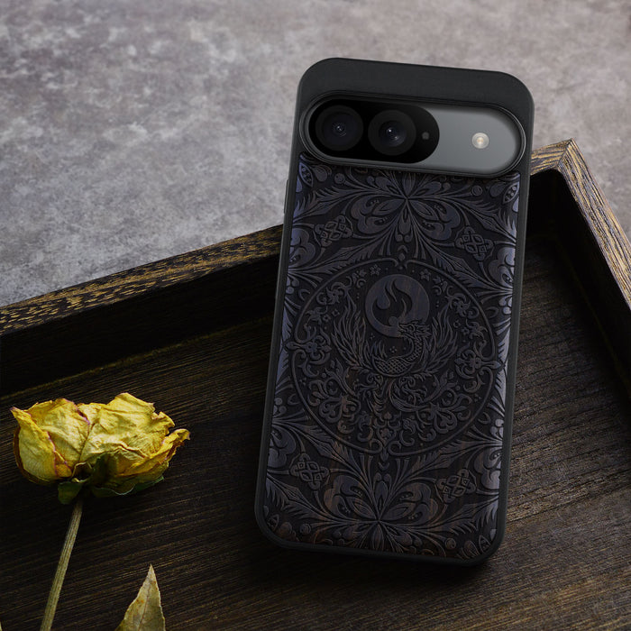 The Phoenix Mandala, Classic Engraved Wood & TPU Case - Artisanal Cover for Google Pixel