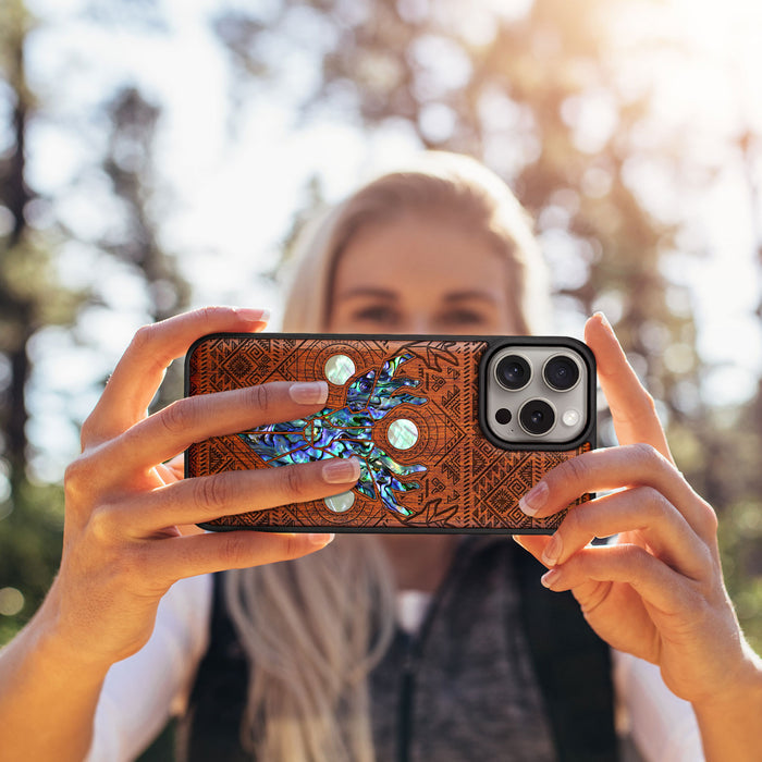 Aztec Geometric Deer, Hand-Inlaid Wood & Mother of Pearl Case - Artisanal Cover for Apple iPhone