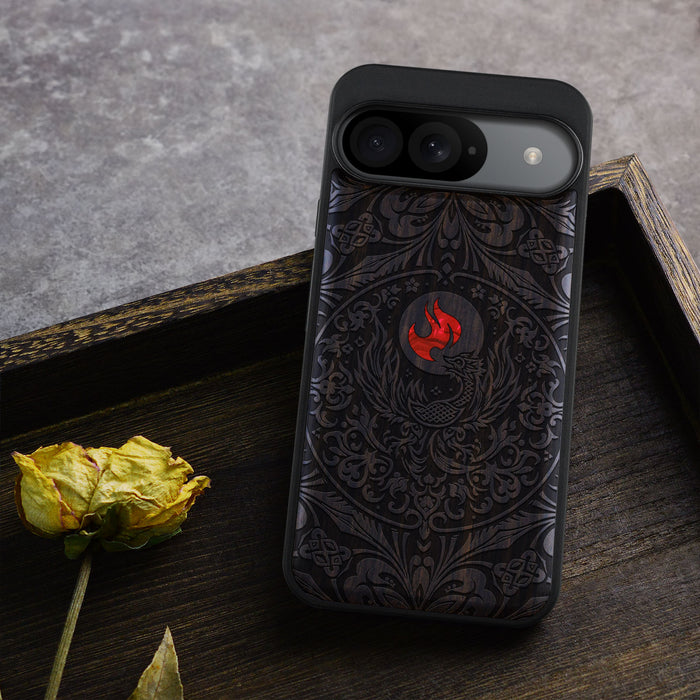 Phoenix in Symmetry, Hand-Inlaid Wood & Mother of Pearl Case - Artisanal Cover for Google Pixel