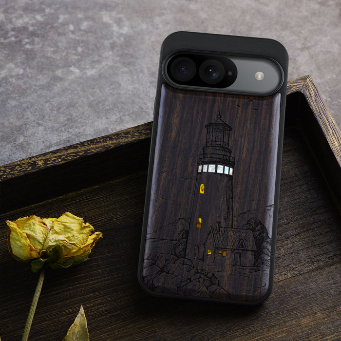 The Lighthouse, Hand-Inlaid Wood & Mother of Pearl Case - Artisanal Cover for Google Pixel