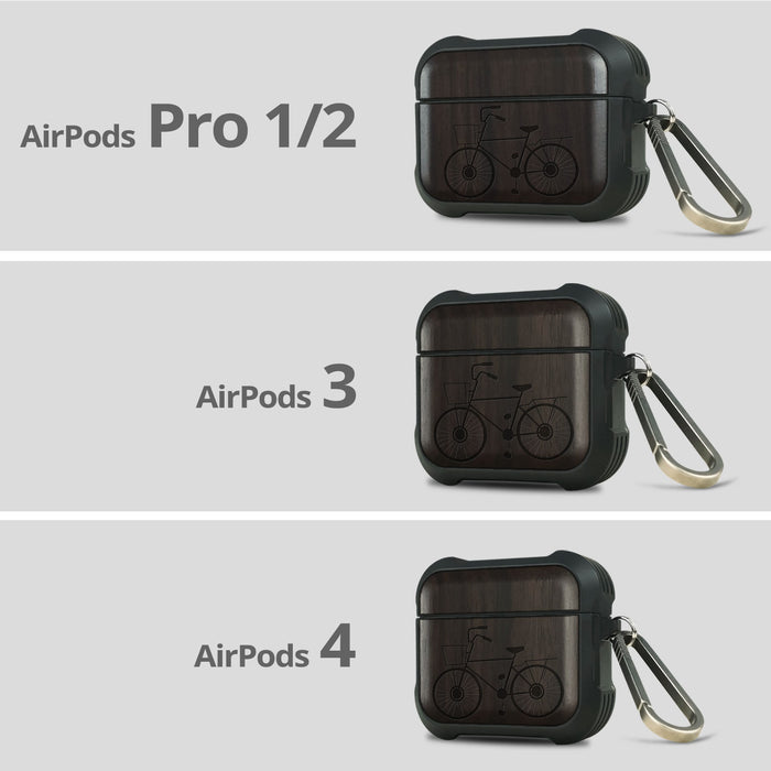 Classic Bicycle Silhouette - Wood Artisan Engraved & Shell Hand-Inlaid Cover - Artisanal Case for Apple AirPods (Titanium Quick Released Clasp)