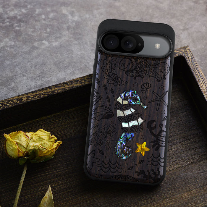 An Aquatic Symphony, Hand-Inlaid Wood & Mother of Pearl Case - Artisanal Cover for Google Pixel