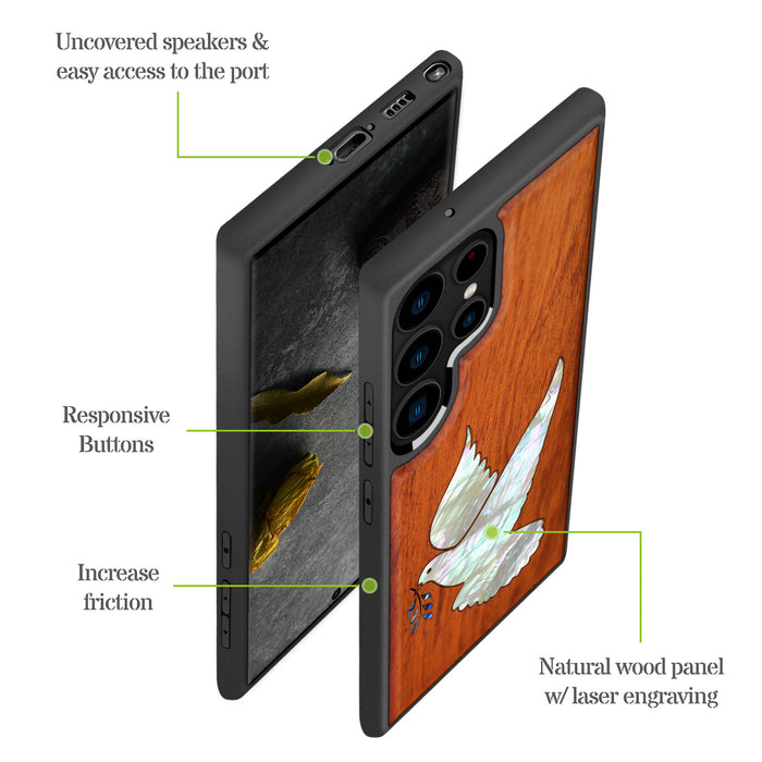 The Dove with Olive Branch, Hand-Inlaid Wood & Mother of Pearl Case - Artisanal Cover for Samsung Galaxy