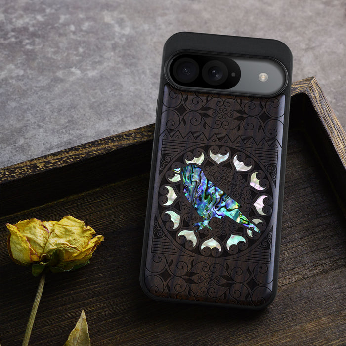 The Zentangle Crow, Hand-Inlaid Wood & Mother of Pearl Case - Artisanal Cover for Google Pixel