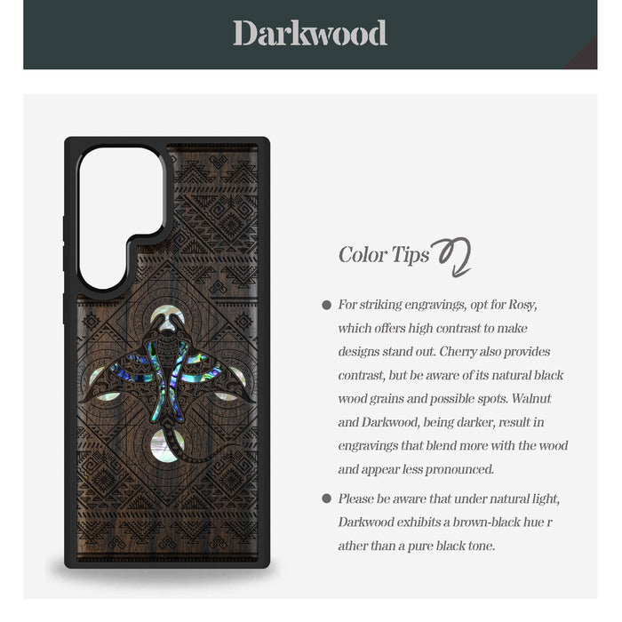 The Tribal Manta Ray, Hand-Inlaid Wood & Mother of Pearl Case - Artisanal Cover for Samsung Galaxy