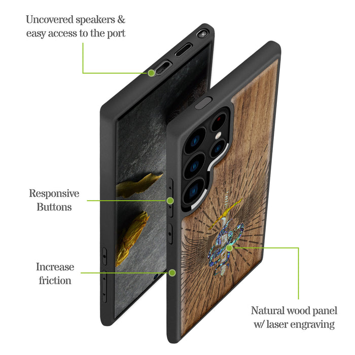 Serpent Winged Sword, Hand-Inlaid Wood & Mother of Pearl Case - Artisanal Cover for Samsung Galaxy