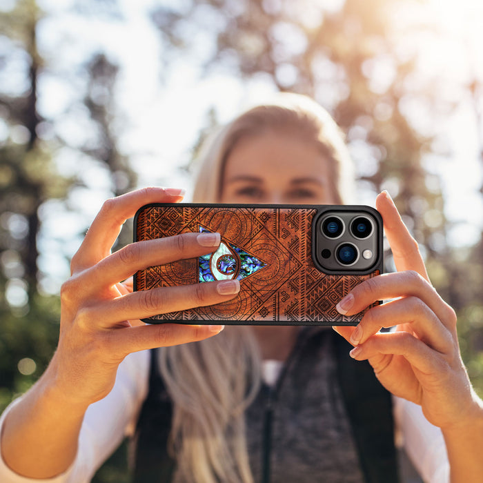 The All-Seeing Eye, Hand-Inlaid Wood & Mother of Pearl Case - Artisanal Cover for Apple iPhone