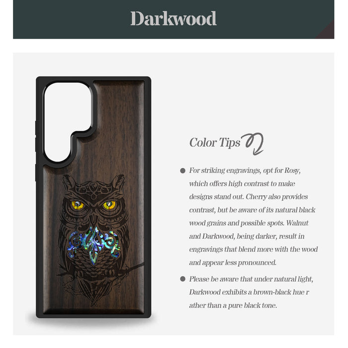 An Owl Perched on a Branch, Hand-Inlaid Wood & Mother of Pearl Case - Artisanal Cover for Samsung Galaxy