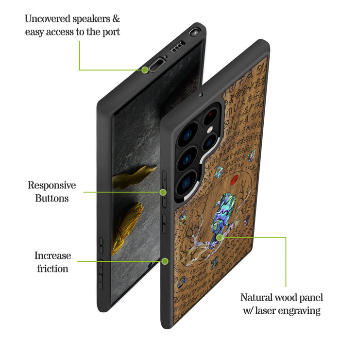 Raven's Arcanum, Hand-Inlaid Wood & Mother of Pearl Case - Artisanal Cover for Samsung Galaxy