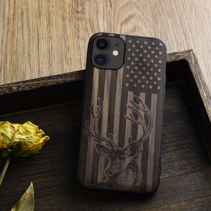 Deer Against the Backdrop of Stars and Stripes, Classic Engraved Wood & TPU Case - Artisanal Cover for Apple iPhone