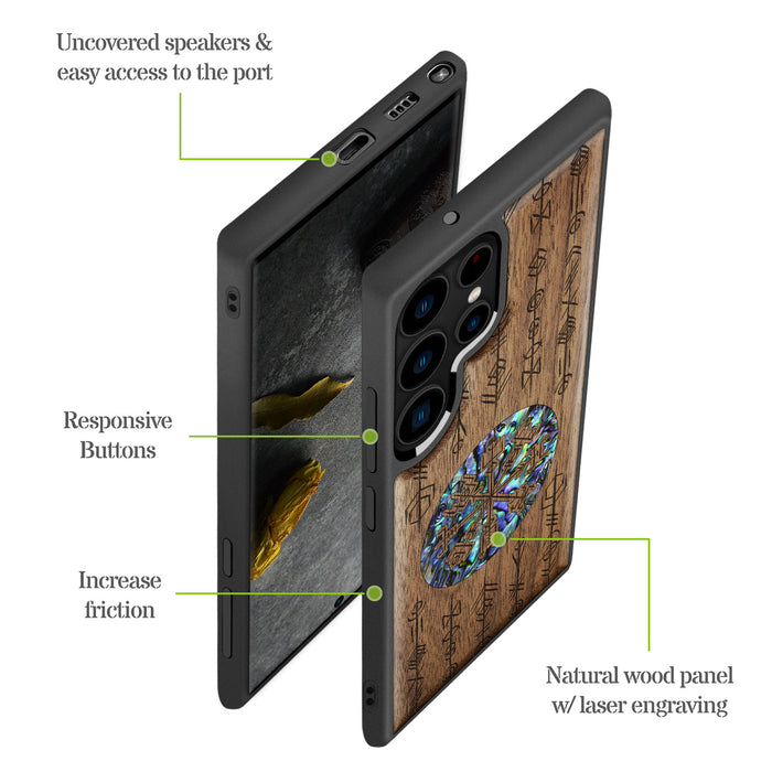 Echoes of Viking Lore, Hand-Inlaid Wood & Mother of Pearl Case - Artisanal Cover for Samsung Galaxy