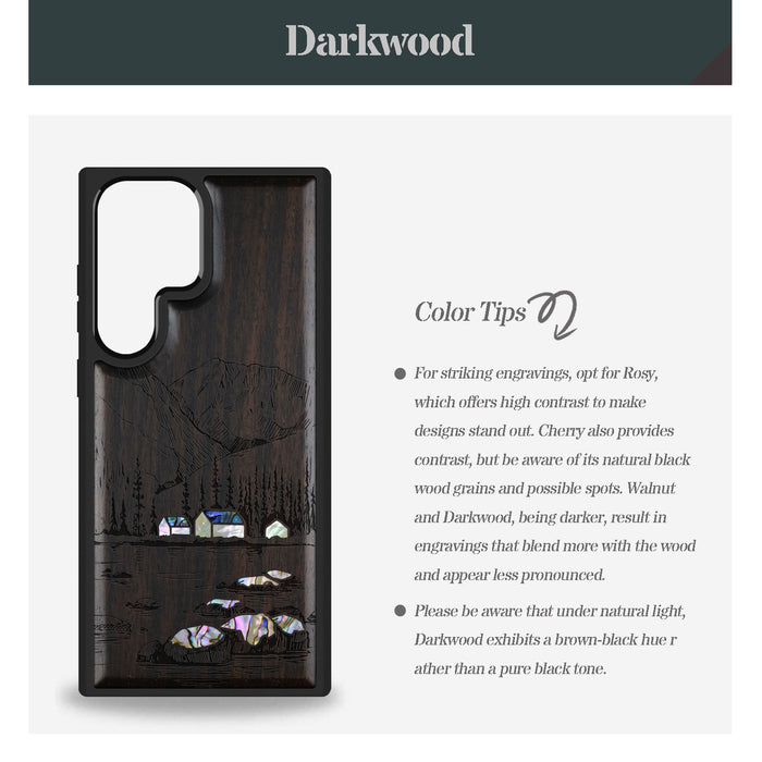 Mountains, Lake, and Village Life, Hand-Inlaid Wood & Mother of Pearl Case - Artisanal Cover for Samsung Galaxy
