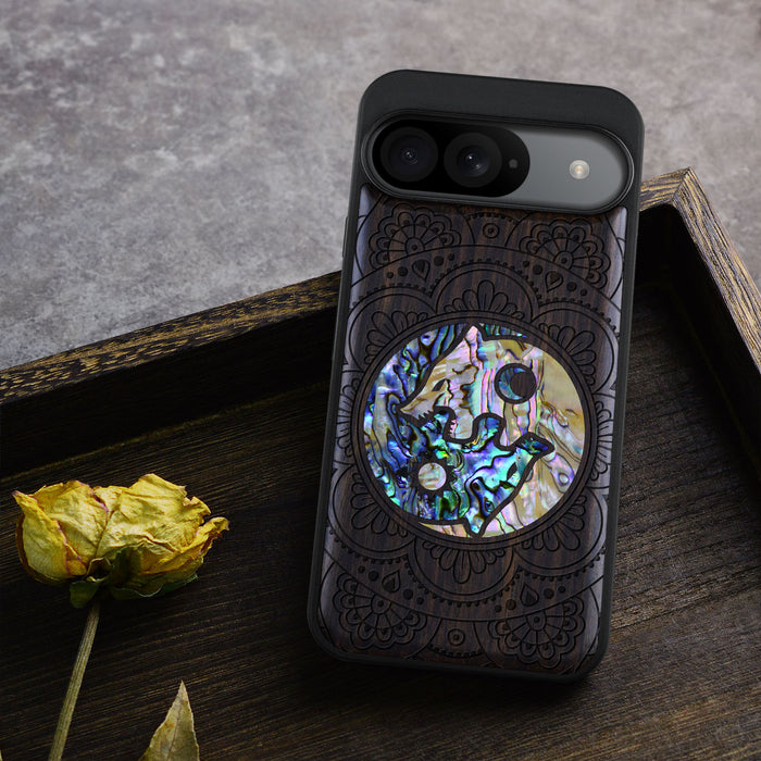 Yin-Yang Wolves Amidst Paisley, Hand-Inlaid Wood & Mother of Pearl Case - Artisanal Cover for Google Pixel