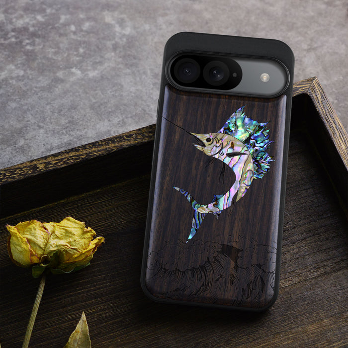 The Soaring Marlin, Hand-Inlaid Wood & Mother of Pearl Case - Artisanal Cover for Google Pixel