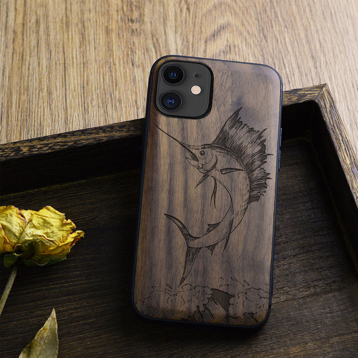 The Soaring Marlin, Classic Engraved Wood & TPU Case - Artisanal Cover for Apple iPhone