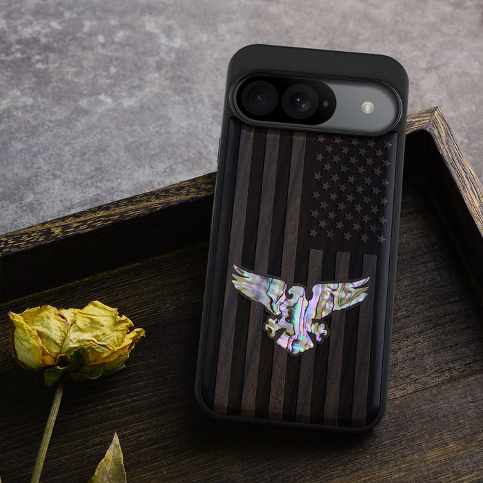 Bald Eagle and Flag, Hand-Inlaid Wood & Mother of Pearl Case - Artisanal Cover for Google Pixel