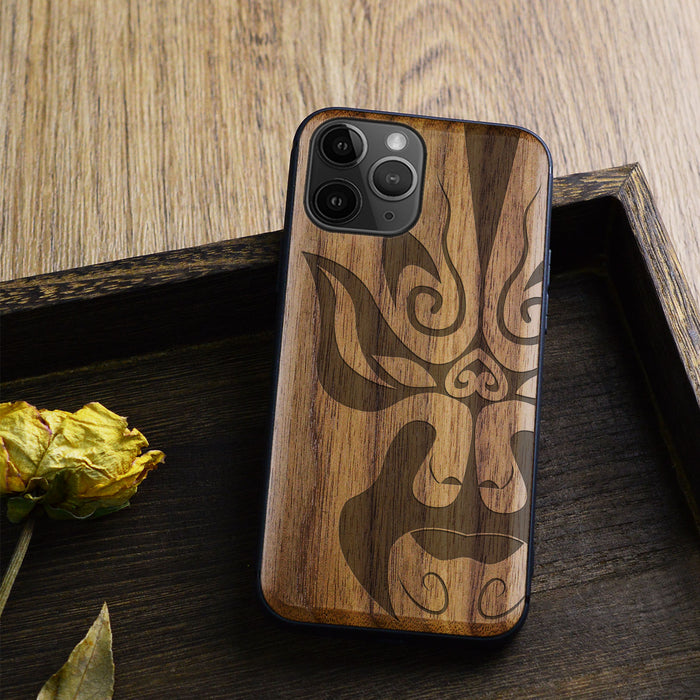 The Chinese Opera Mask, Classic Engraved Wood & TPU Case - Artisanal Cover for Apple iPhone